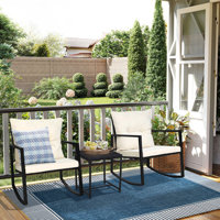 2 - Person Outdoor Dining Set, 3-Piece Outdoor Rattan Rocking Bistro Set with Cushions and Glass Coffee Table by Ebern Designs