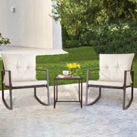 2 - Person Outdoor Dining Set, 3-Piece Outdoor Rattan Rocking Bistro Set with Cushions and Glass Coffee Table by Ebern Designs