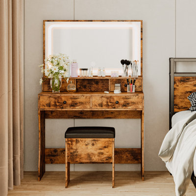 Baelyn Makeup Vanity with LED Lighted Mirror, Modern 4 Drawers Vanities Desk with Stool by Wrought Studio