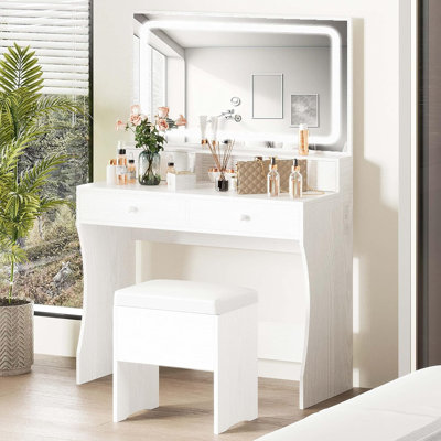 Baelyn Makeup Vanity with LED Lighted Mirror, Modern 4 Drawers Vanities Desk with Stool by Wrought Studio