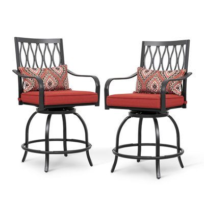 Edin Outdoor Patio Swivel Bar Stool of 2 Iron Bar Height Bistro Chairs, with Padded Cushions and Extra Pillows, for Patio, Black and Red Color by Winston Porter