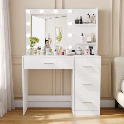 Makeup Vanity Table with Lighted Mirror, Vanity Desk with Storage Shelf and 4 Drawers by Ebern Designs