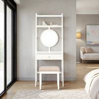 Amrico Makeup Vanity With Fixed Mirror and Upholstered Stool by Wade Logan