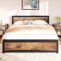Bed Frame, Industrial Platform Bed With Headboard Footboard, Metal And Wooden Bed Frame, Heavy Duty Steel Slats Support, No Box Spring Needed Non-Slip