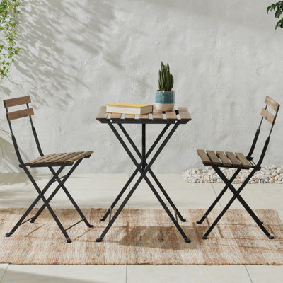 Tomiye Folding Patio Bistro Set – 3-Piece Acacia Wood and Steel Café Table and Chairs for Porch, Deck, Garden, or Balcony Furniture by Lavish Home by Latitude Run