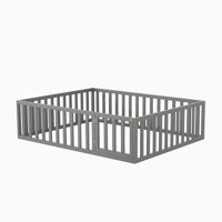 Twin Size Wood Floor Bed Frame With Fence And Door, Walnut by Harriet Bee