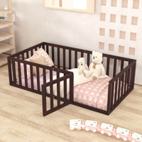Twin Size Wood Floor Bed Frame With Fence And Door, Walnut by Harriet Bee