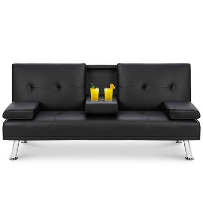 Arjeta Modern Faux Leather Couch, Convertible Futon Sofa Bed For Living Room With Armrest & Fold Up & Down Recliner Couch With Cup Holders(black) by Wade Logan