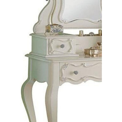 63 Inch Wood Classic Vanity Desk With Mirror, 3 Drawers, Carved, White by Rosdorf Park