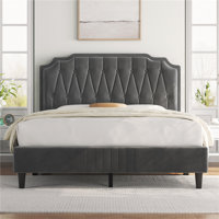 Gelinkaya Velvet Tufted Upholstered Platform Bed with Wood Slats Headboard Included