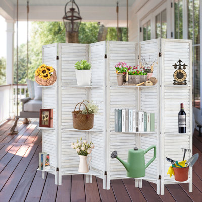 Genoveva 6 Panels Wood Room Divider with Shelves Folding Privacy Screen Partition Wall for Home Office