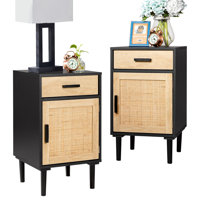Cirsten Tall Nightstands Set Of 2, End Table, Side Table With Drawer And Shelf, Hand Made Rattan Decorated Doors, Wood Accent Table With Storage For B by Bay Isle Home