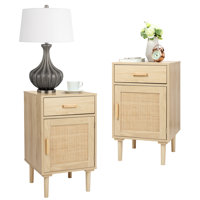 Cirsten Tall Nightstands Set Of 2, End Table, Side Table With Drawer And Shelf, Hand Made Rattan Decorated Doors, Wood Accent Table With Storage For B by Bay Isle Home