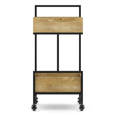 Hobbs 16"W Solid Mango Wood Modern Industrial Bar Cart with 2 Shelves, Towel Hanger, and 4 Wheels by Simpli Home
