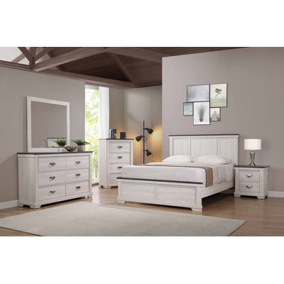 Dareck Cream/Brown Panel Bedroom Set Special 5 Bed Dresser Mirror Nightstand Chest by August Grove