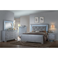 Masaya Silver LED Upholestered Bedroom Set Special 5 Bed Dresser Mirror Nightstand Chest by House of Hampton