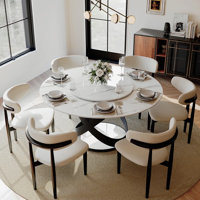 Maxwell Modern Round Dining Table, Sintered Stone Tabletop with Lazy Susan, Carbon Steel Base Pre-Assembly by Orren Ellis