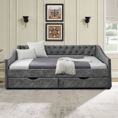 Contemporary Full Size Upholstered Daybed with Tufted Button Accents and Nailhead Trims by Red Barrel Studio