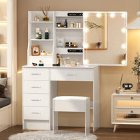 Makeup Vanity with 10 Light Bulbs, Vanity Desk with Lighted Mirror & 3 Drawers Chest, Vanity Set, Vanity Table with Stool for Bedroom, White by Latitude Run