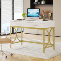 41 in Computer Desk With Two Drawers, White and Gold Modern Study Writing Desk by Everly Quinn