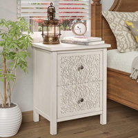 Levera Farmhouse Fully-Assembled 2-Drawer Nightstand, Distressed White-Washed End Table by Bungalow Rose