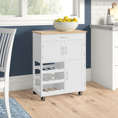 Akieba Kitchen Island On Wheels, Rolling Kitchen Cart With Drawer, 9-Bottle Wine Rack, Storage Cabinets, Wooden Countertop by Lark Manor