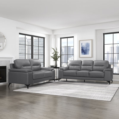 Dontario Modern & Contemporary Top Grain Leather 2-Piece Living Room Set with High-Density Foam, Exposed Metal Feet & Premium Seating Surfaces by Ivy Bronx