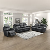 Jizzel Traditional Faux Leather 3-Piece Living Room Set with Gliding Motion, Drop-Down Table & Center Storage Console by Latitude Run