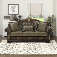 Vega 86.5" Traditional Faux Leather and Microfiber Sofa with Button-Tufting, Nailhead Trim & Decorative Pillows by Astoria Grand