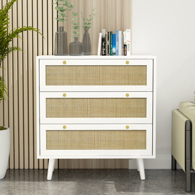 Claymore 3-Drawer Dresser Drawer Chest of Dresser Wood Rattan Dresser for bedroom by Bay Isle Home