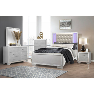 Jacquon Leather LED Panel Bedroom Set King 4 Piece: Bed, Dresser, Mirror, Nightstand by Rosdorf Park