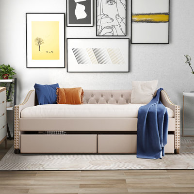 Karl Modern Elegant Full Size Upholstered Daybed with Two Underbed Drawers