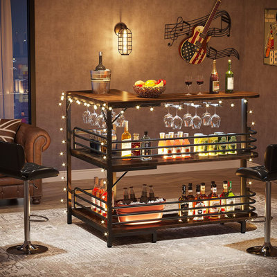 Cocheco 3 Tier Industrial Home Bar Unit L-Shaped Liquor Bar Table Corner Wine Bar Cabinet Mini Bars by 17 Stories