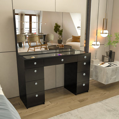 Boahaus Lily Large Makeup Vanity Desk with Wide Cabinet Mirrors, Glass Top and LED lights by Boahaus LLC