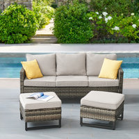 Nazime 74.02" Wide Outdoor Wicker Patio Sofa with Cushions and Ottomans by Latitude Run