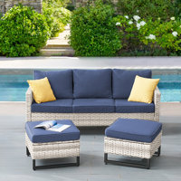 Nazime 74.02" Wide Outdoor Wicker Patio Sofa with Cushions and Ottomans by Latitude Run