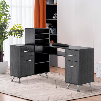 BarberPub L-Shape Nail Desk with Multiple Drawer and Storage Cabinet by Latitude Run