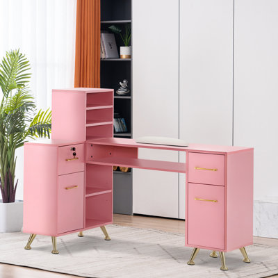 BarberPub L-Shape Nail Desk with Multiple Drawer and Storage Cabinet by Latitude Run
