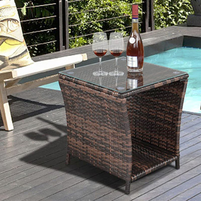 Jelsy Patio Wicker Side Coffee Table, Bistro Square Glass Top Rattan End Table with Storage