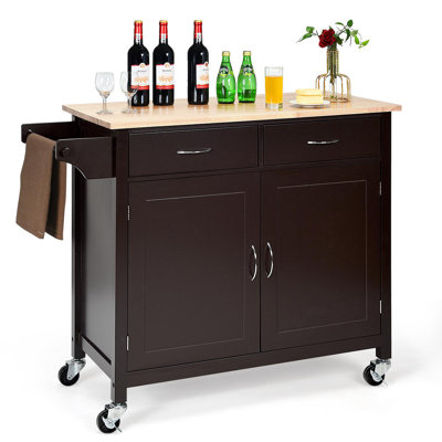 Cordilia Rolling Kitchen Island Cart On Wheels, Kitchen Utility Trolley & Bar Serving Cart W/rubber Wood Top, Handle Rack & Storage Cabinet And Drawer by Red Barrel Studio