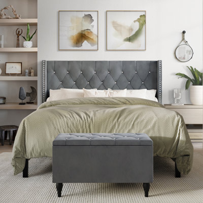 Wingback Upholstered Bed With Storage Bench In Velvet by House of Hampton