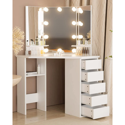 Kialen Modern Corner Makeup Vanity with 10 LED Lights, Tri-Fold Mirrors and 5 Drawers by Latitude Run