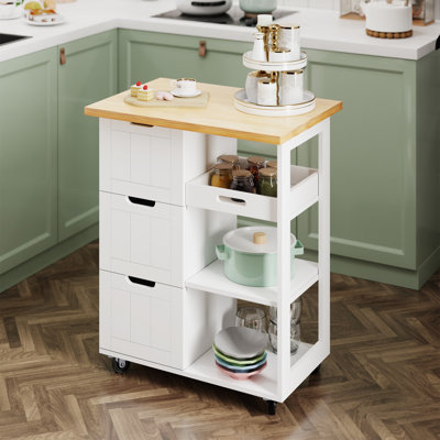 Amarieon Kitchen Island Cart With Storage,Rolling Kitchen Island Storage Cabinet,Side Table On Wheels With Worktop,3 Open Shelves And 3 Drawers For Ki by Lark Manor