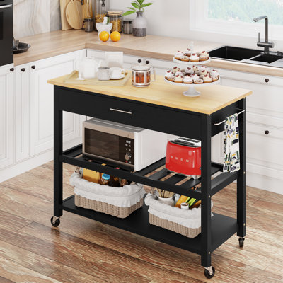 Aresha Kitchen Island Cart With Storage,Rolling Kitchen Island Side Table On Wheels With Large Worktop,Storage Cabinet,Towel Rack,Drawers And Open She by Wade Logan