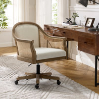 Ackeron Farmhouse Rattan Upholstered Office Task Chair with Solid Wood Arms and Base by Ophelia & Co.