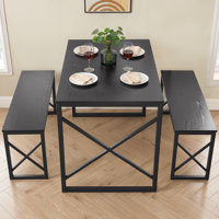 Aithan 3-Piece Dining Table Set with Benches, Rustic Kitchen Table Set for Small Spaces, Modern Farmhouse Dining Set with Bench for Kitchen & Dining R by 17 Stories