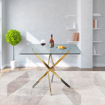 Brintney Contemporary Square Clear Dining Tempered Glass Table with Stainless Steel Legs,dinning table,dining room table by Wade Logan
