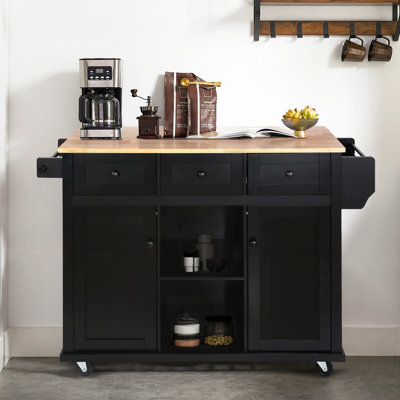 Wide Rolling Kitchen Island With Solid Wood Top,island,coffee cart by Red Barrel Studio