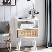 Okawville Rattan Nightstand with Drawer Bed Side Table Modern Nightstand Bedroom End Tables by Bay Isle Home