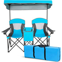 Double Camping Chair W/Shade Canopy, 2-Person Folding Camp And Beach Chair With Mini Table Beverage Cup Holder Carrying Bag For Garden Patio Pool Beac